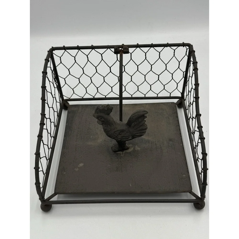 Rooster Hinged Napkin Holder French Country Farmhouse‎ Rustic Brown Wrought Iron